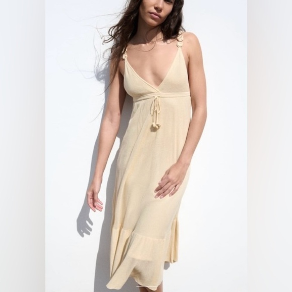 Zara beige butter yellow knit floral strap midi dress crochet